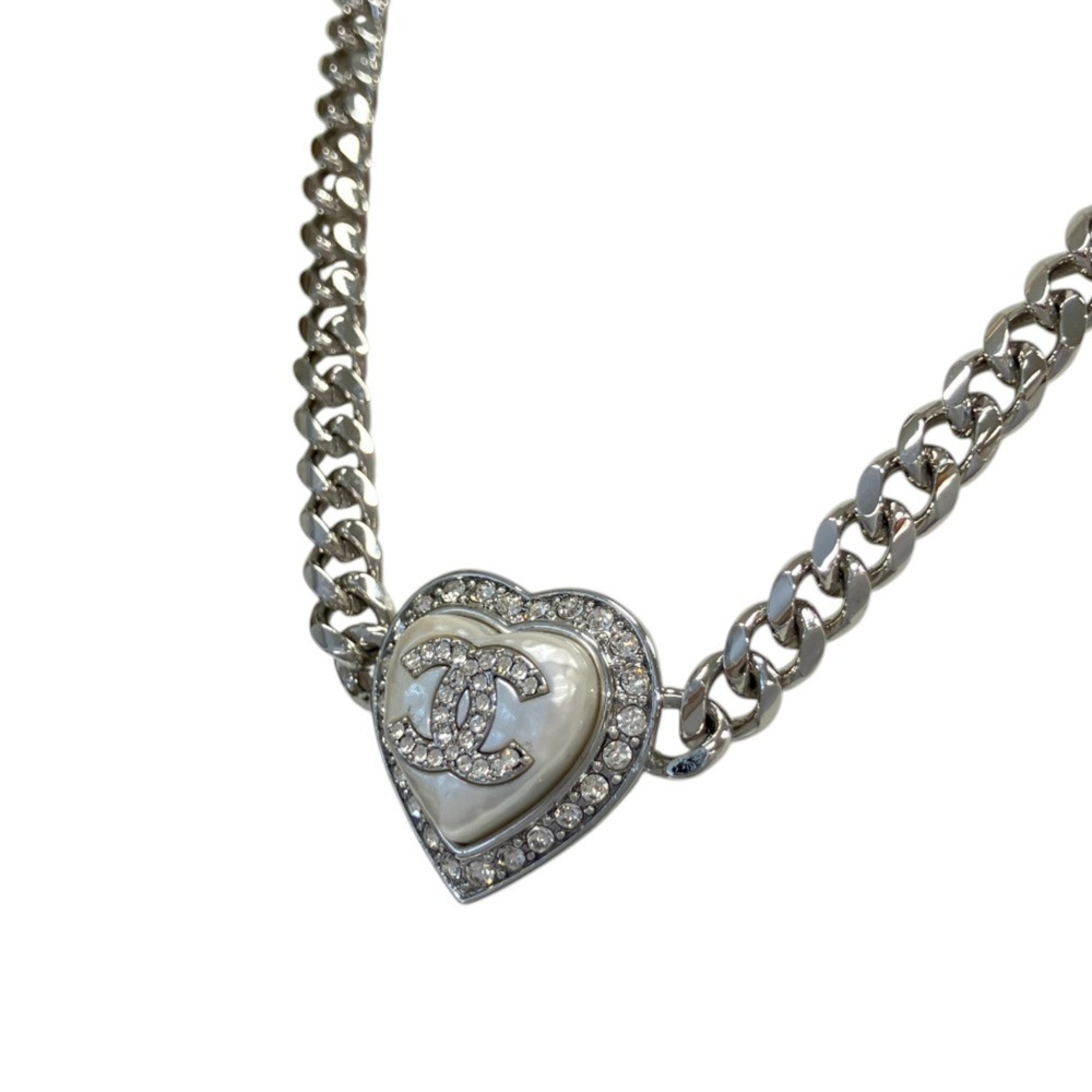 B23B CHANEL Chanel Coco Mark Heart Chain Necklace Silver Color Women's